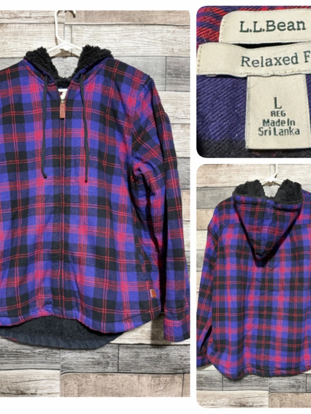 LL Bean Relaxed Sherpa Lined Flannel Hoodie Jacket Women’s L Purple Full Zip